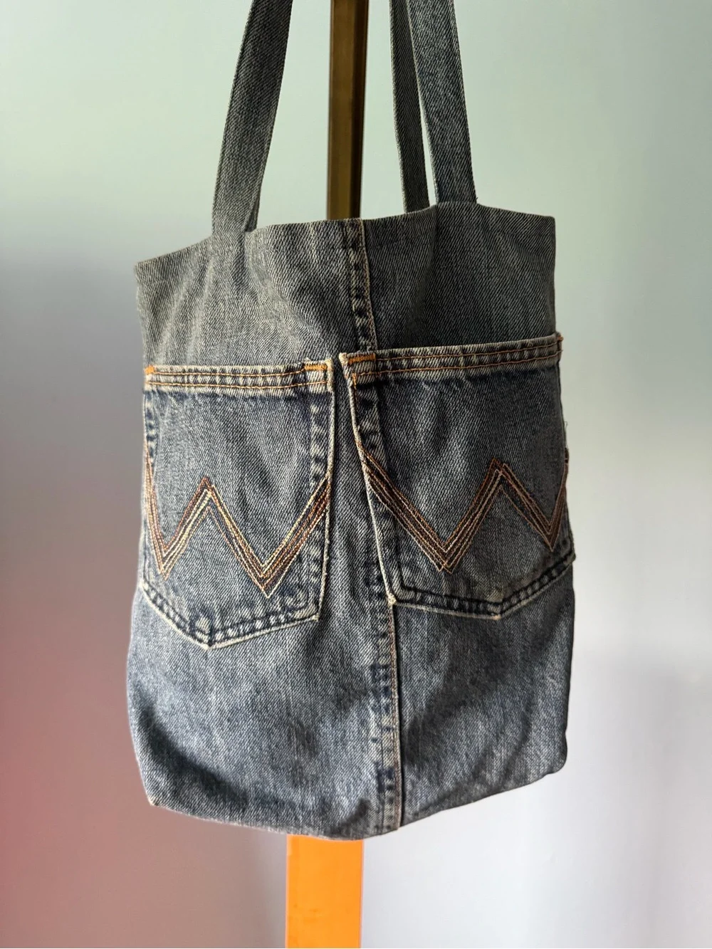 Quilted Denim Tote vintage with Red Floral quilted Patchwork Jean pockets